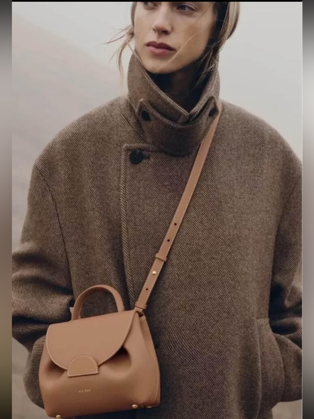Polène Numero Un Nano Camel Leather Purse Top Handle Shoulder Strap Cardholder